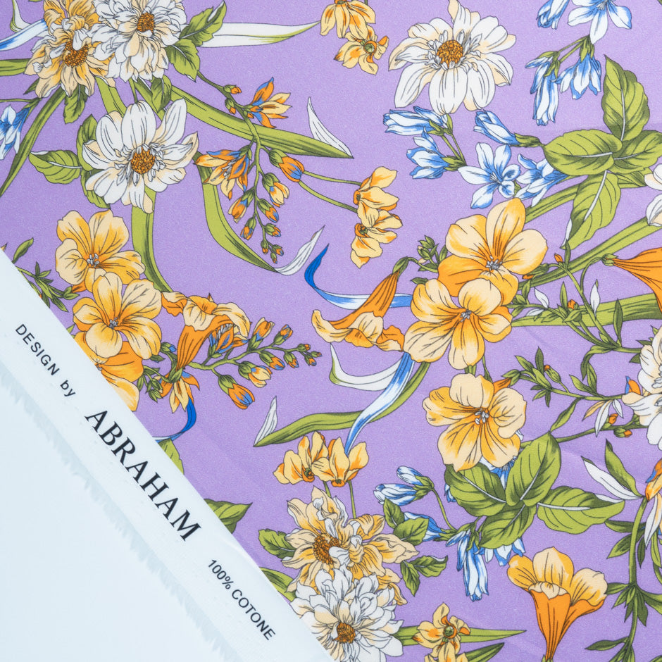 Yellow Floral Printed Lilac Cotton