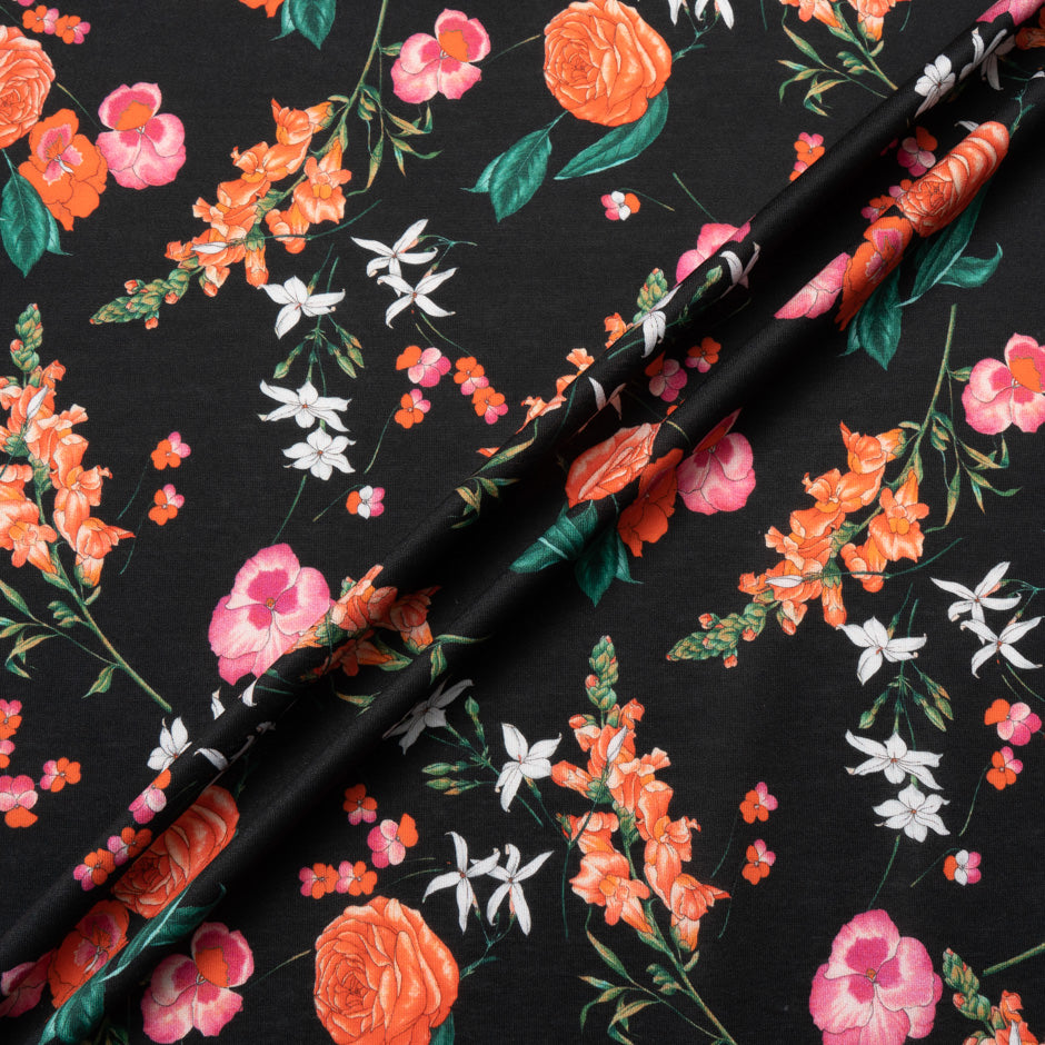 Multi Floral Printed Black Cotton Jersey