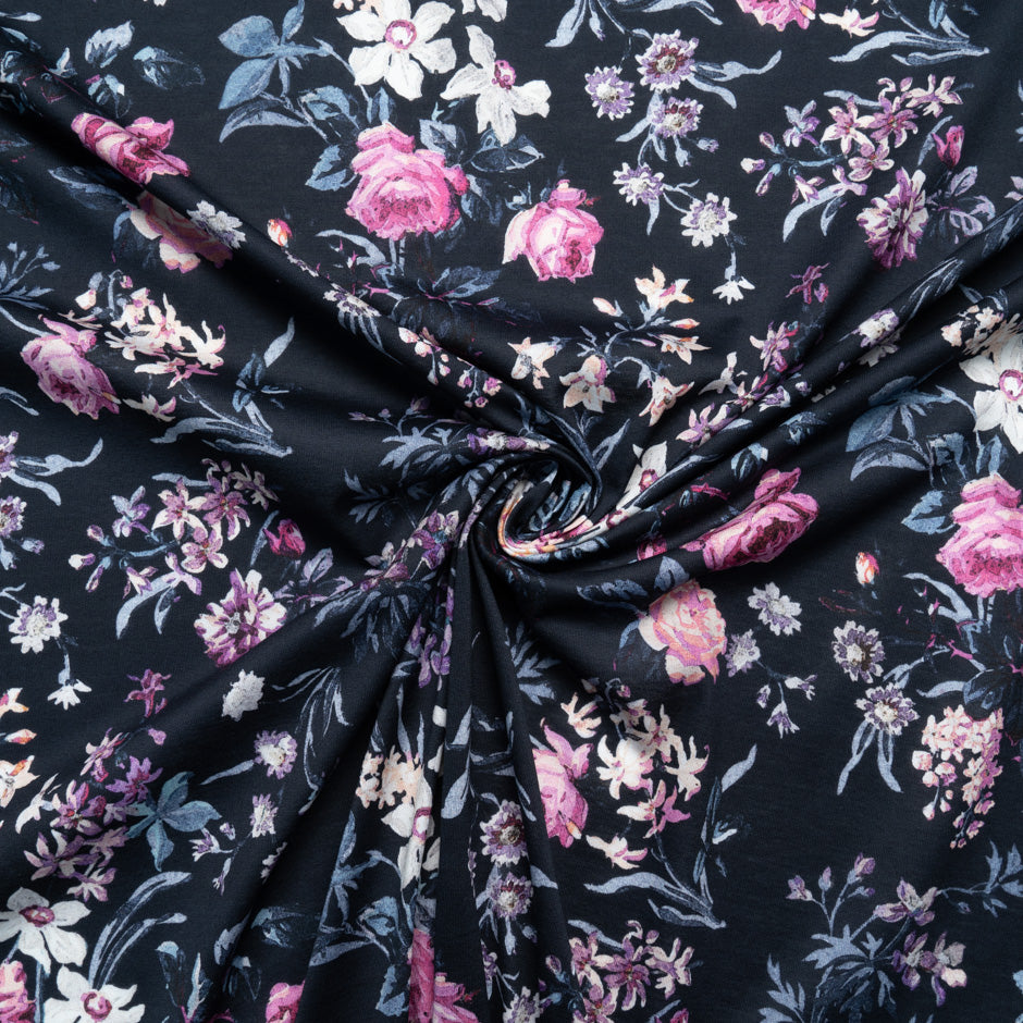 Pink Floral Printed Blue Cotton Jersey