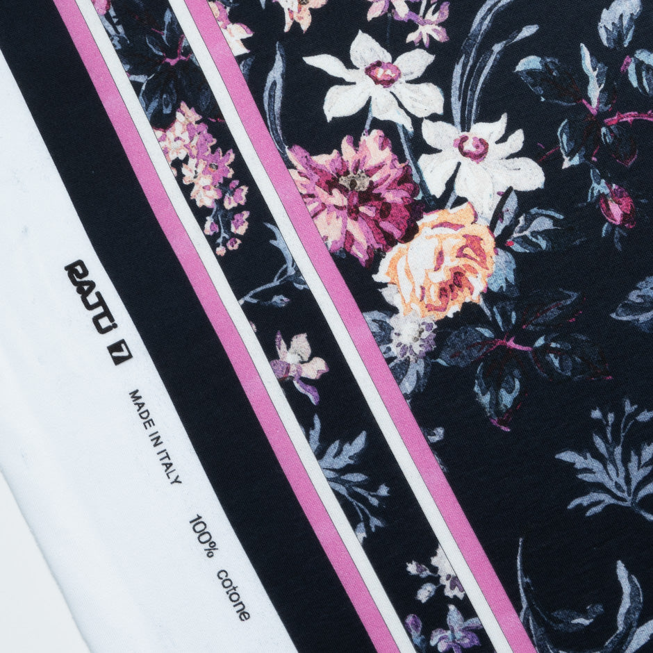 Pink Floral Printed Blue Cotton Jersey