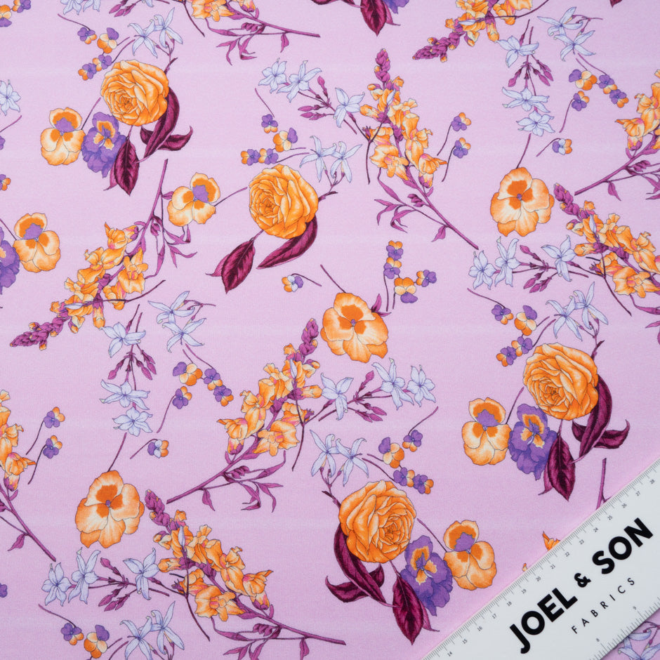 Orange Floral Printed Lilac Cotton Jersey
