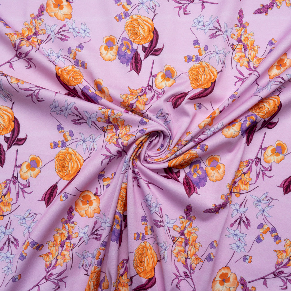 Orange Floral Printed Lilac Cotton Jersey