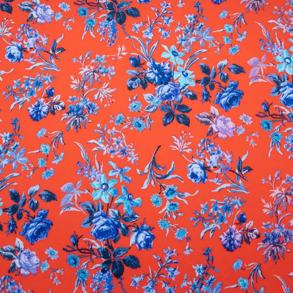 Blue Floral Printed Red Cotton Jersey