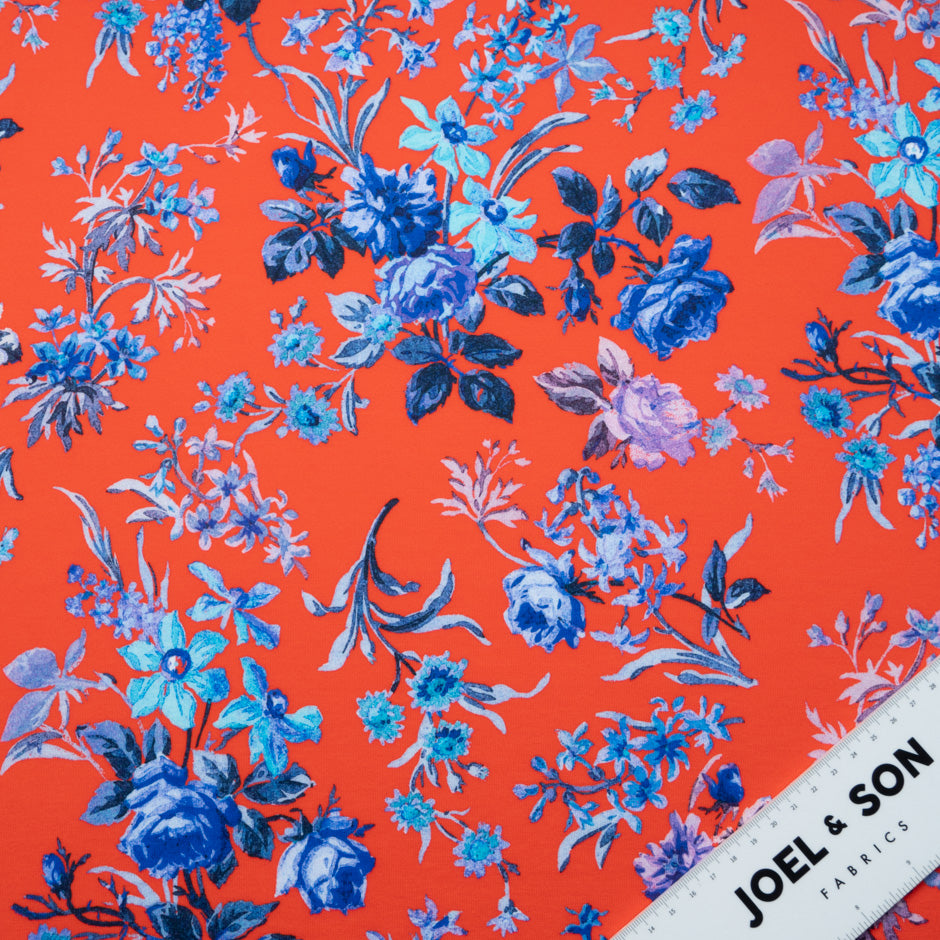 Blue Floral Printed Red Cotton Jersey