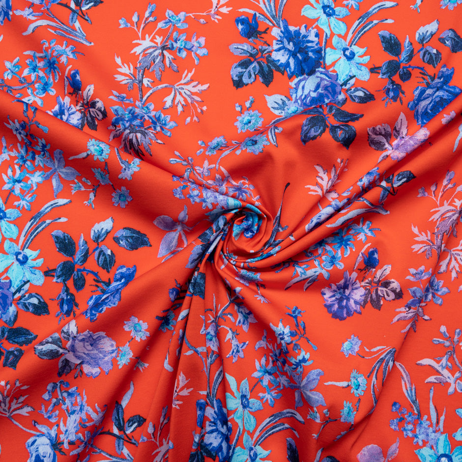 Blue Floral Printed Red Cotton Jersey