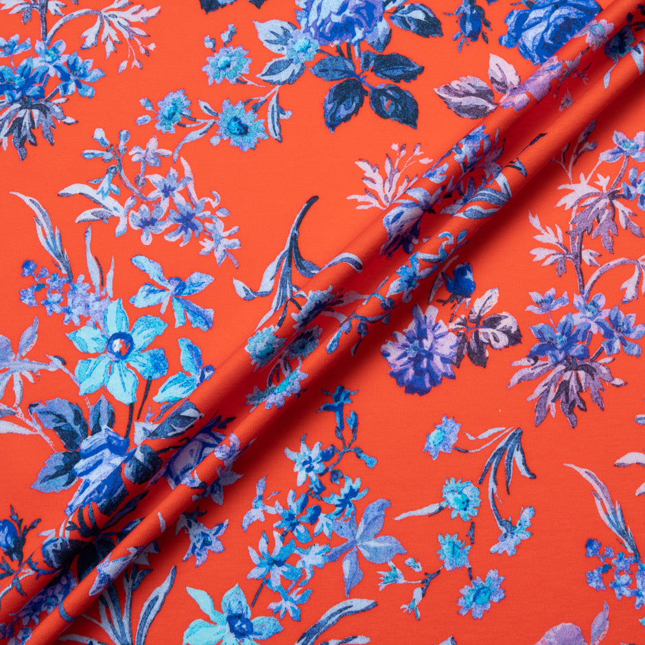 Blue Floral Printed Red Cotton Jersey