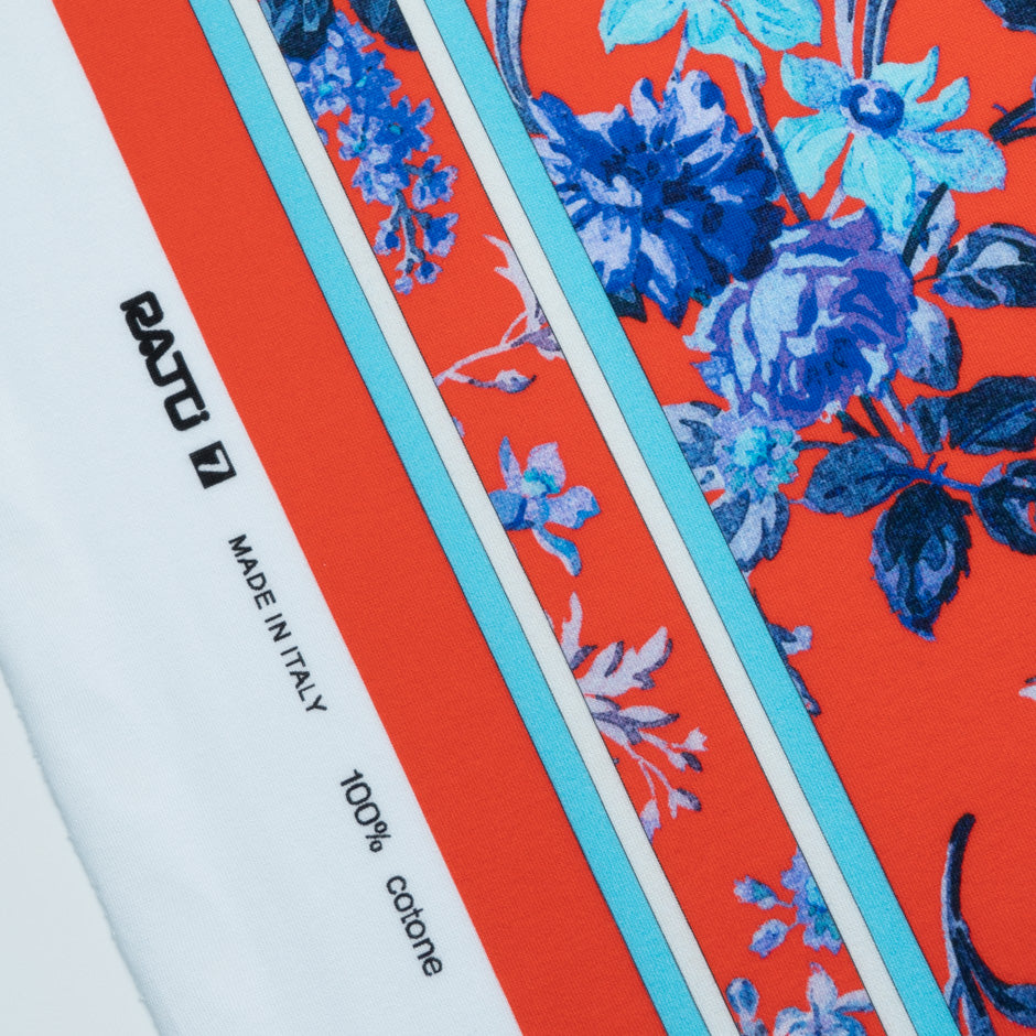 Blue Floral Printed Red Cotton Jersey