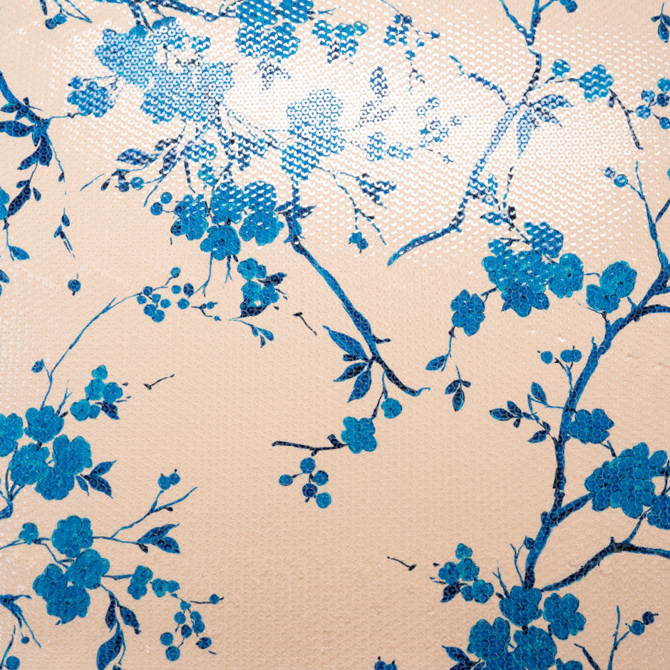 Blue Floral Sequinned Printed Jersey