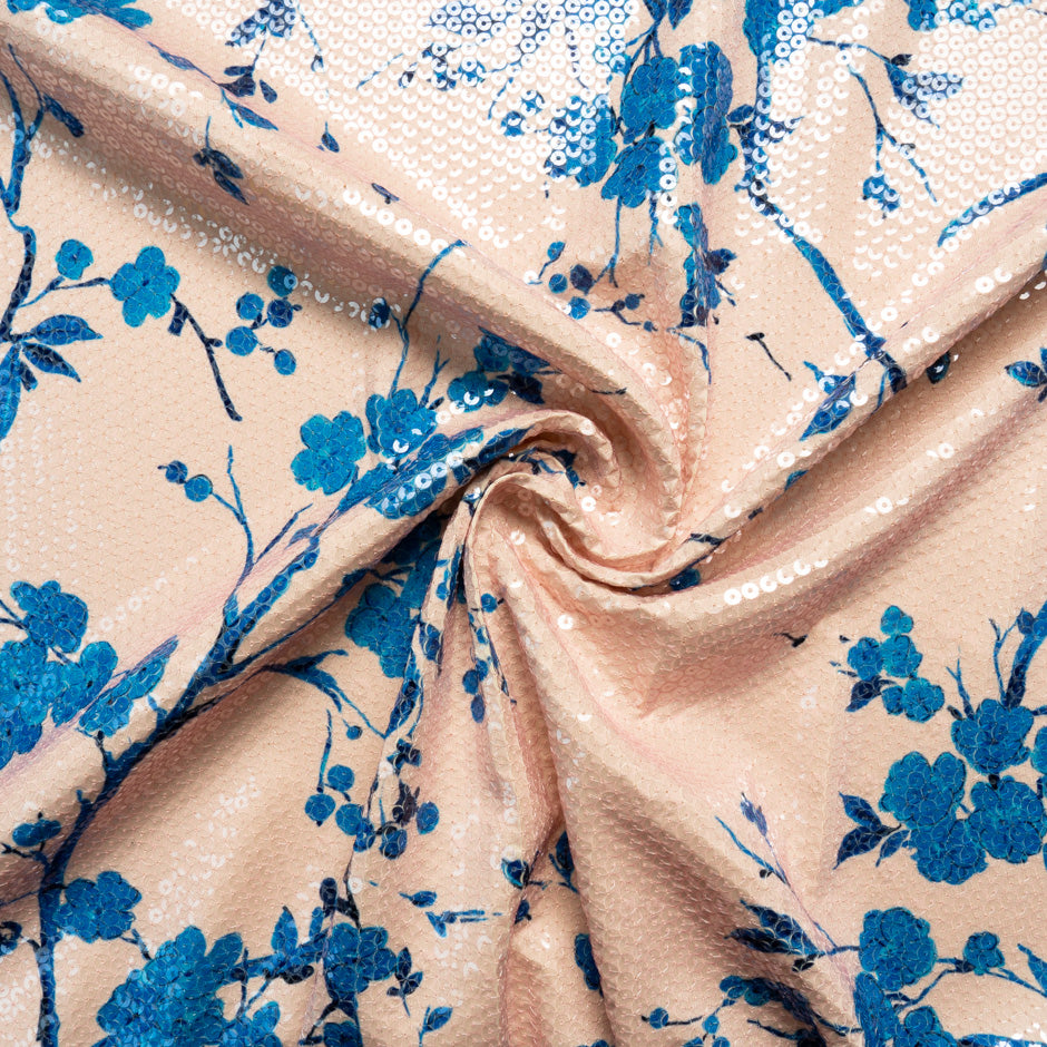 Blue Floral Sequinned Printed Jersey