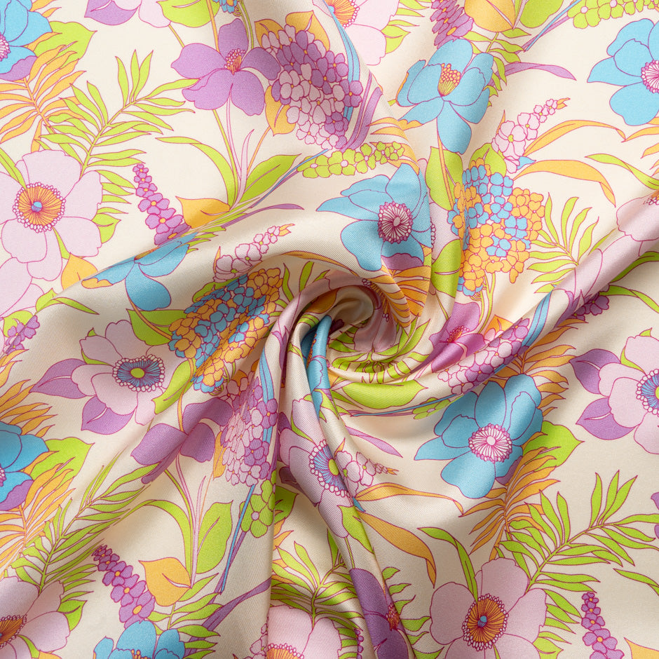 Pink & Lavender Floral Printed Silk Blend Twill