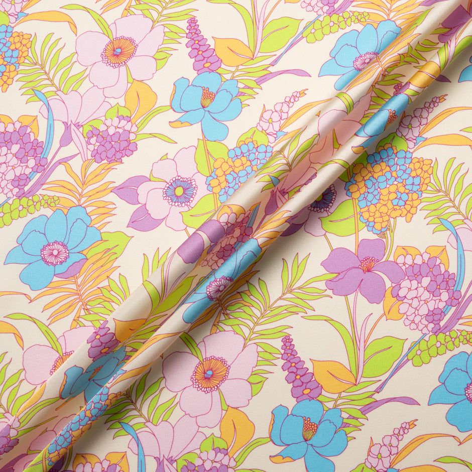 Pink & Lavender Floral Printed Silk Blend Twill