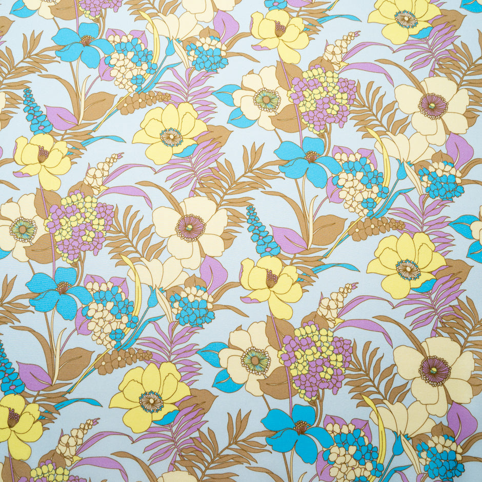 Multi Floral Printed Silk Blend Blue Twill