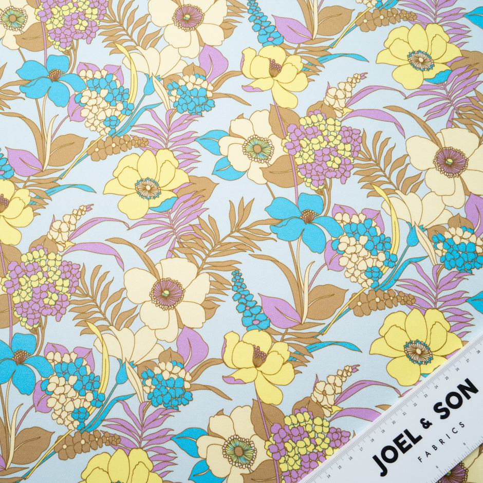 Multi Floral Printed Silk Blend Blue Twill