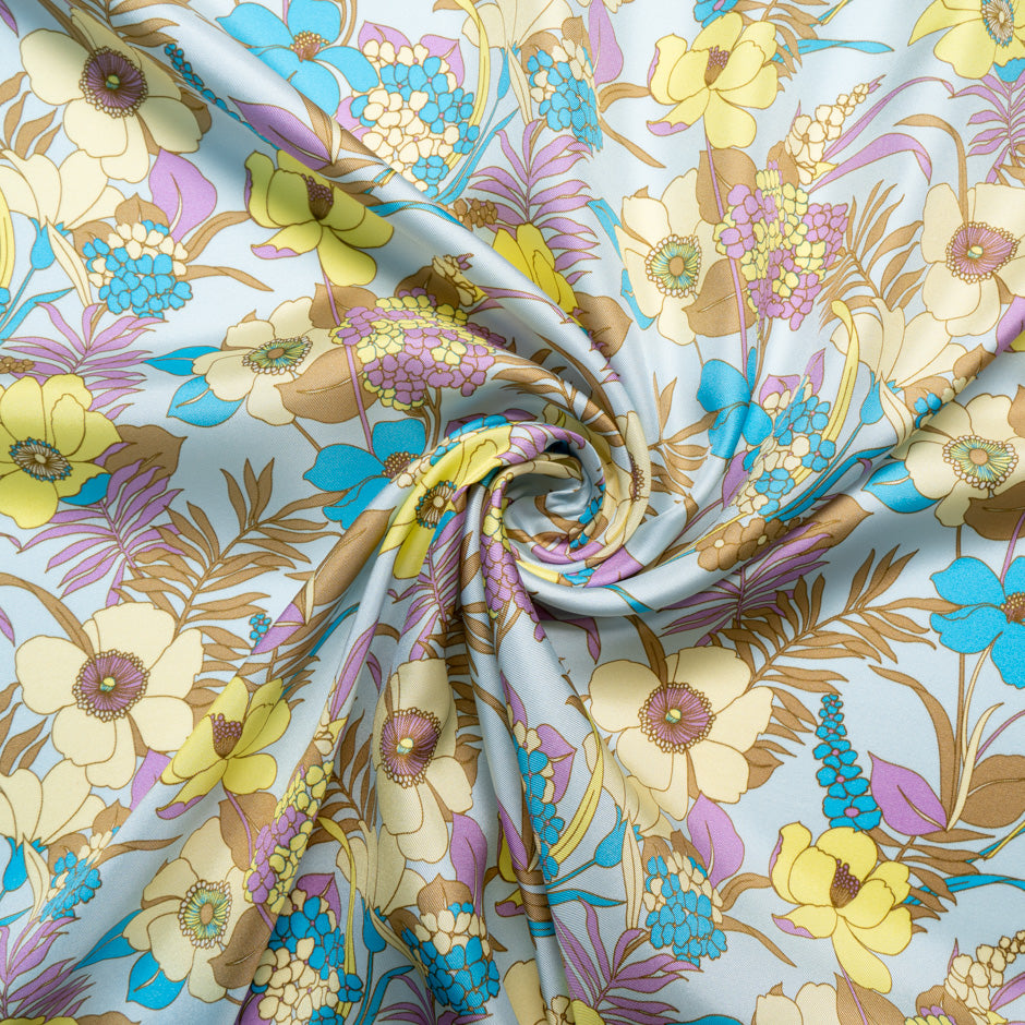 Multi Floral Printed Silk Blend Blue Twill