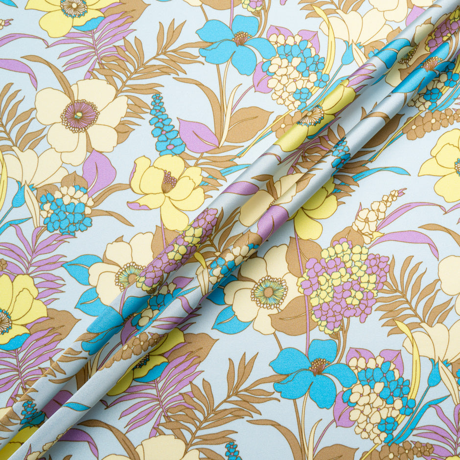 Multi Floral Printed Silk Blend Blue Twill