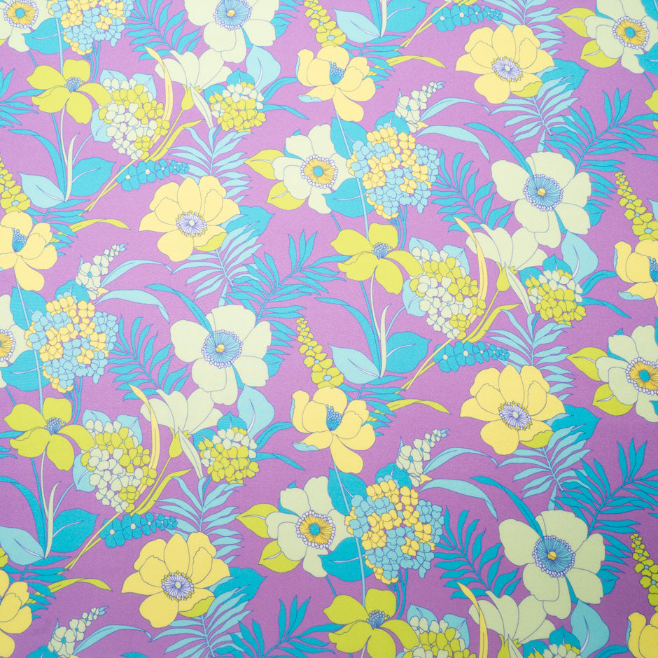 Yellow Floral Printed Silk Blend Purple Twill
