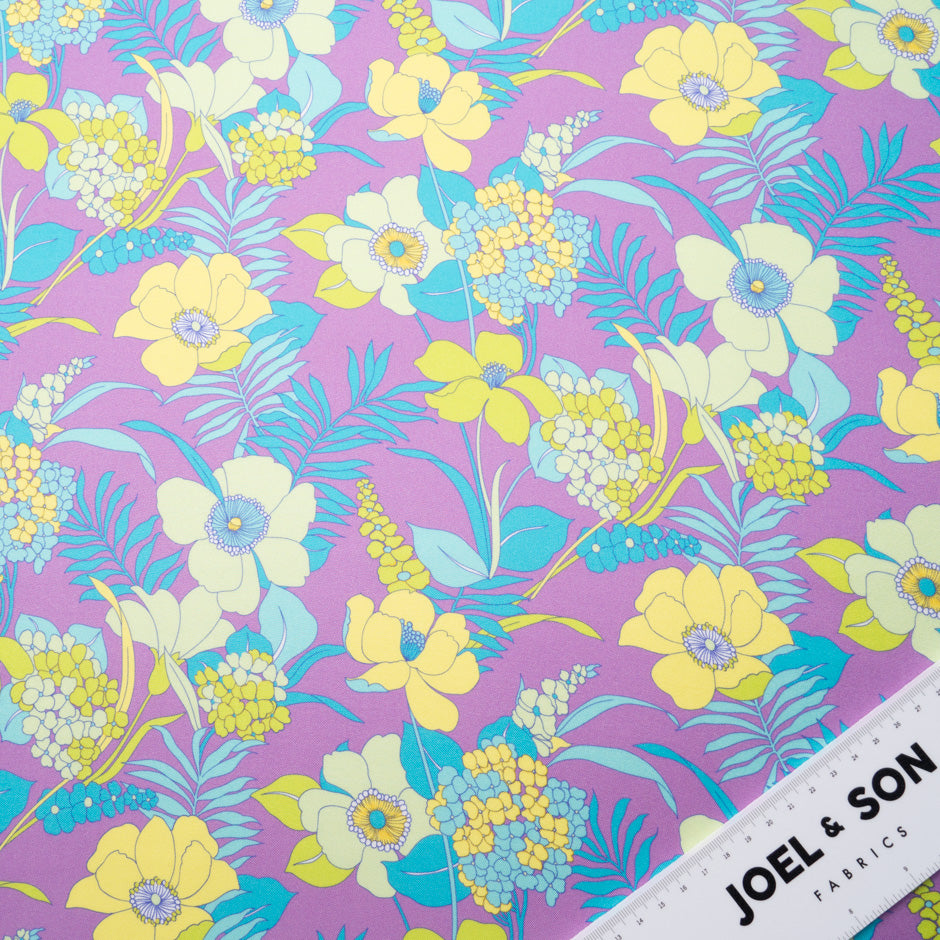Yellow Floral Printed Silk Blend Purple Twill