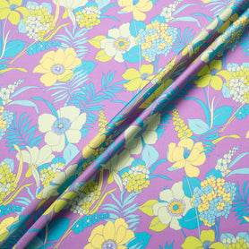 Yellow Floral Printed Silk Blend Purple Twill