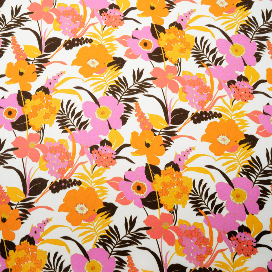 Orange & Pink Floral Printed Silk Blend Ivory Twill