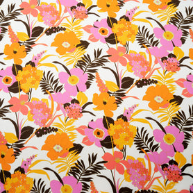 Orange & Pink Floral Printed Silk Blend Ivory Twill