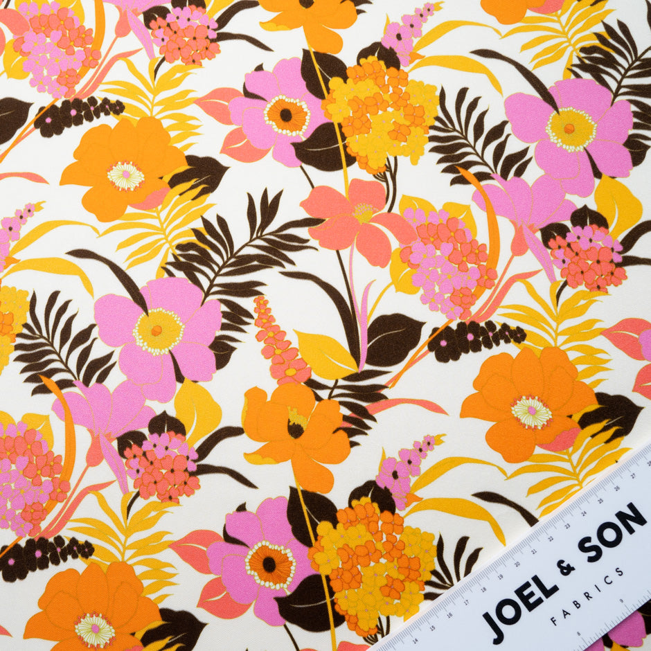 Orange & Pink Floral Printed Silk Blend Ivory Twill