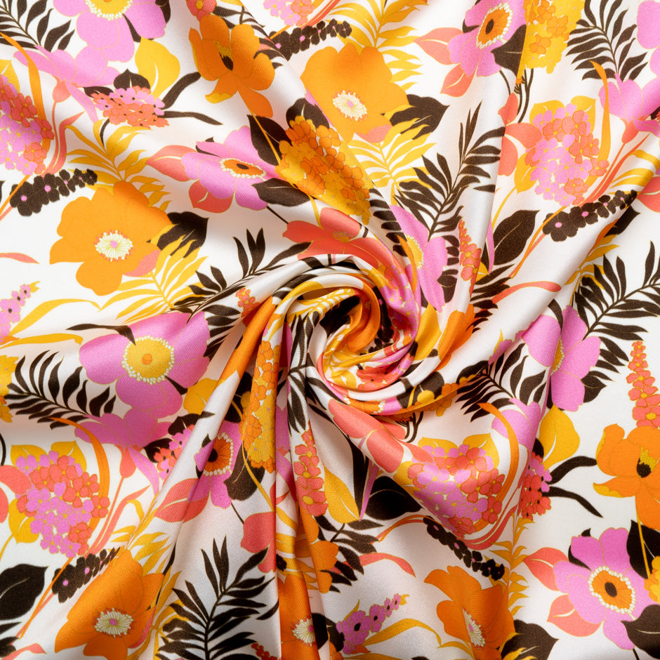Orange & Pink Floral Printed Silk Blend Ivory Twill