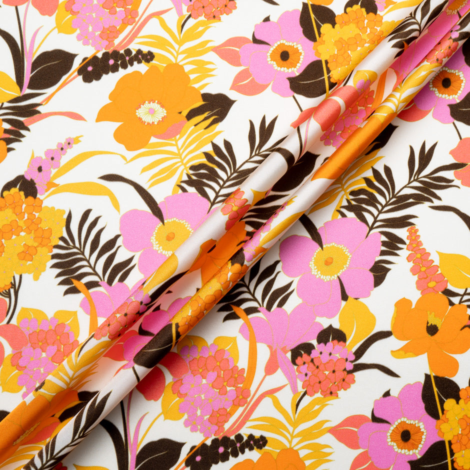 Orange & Pink Floral Printed Silk Blend Ivory Twill
