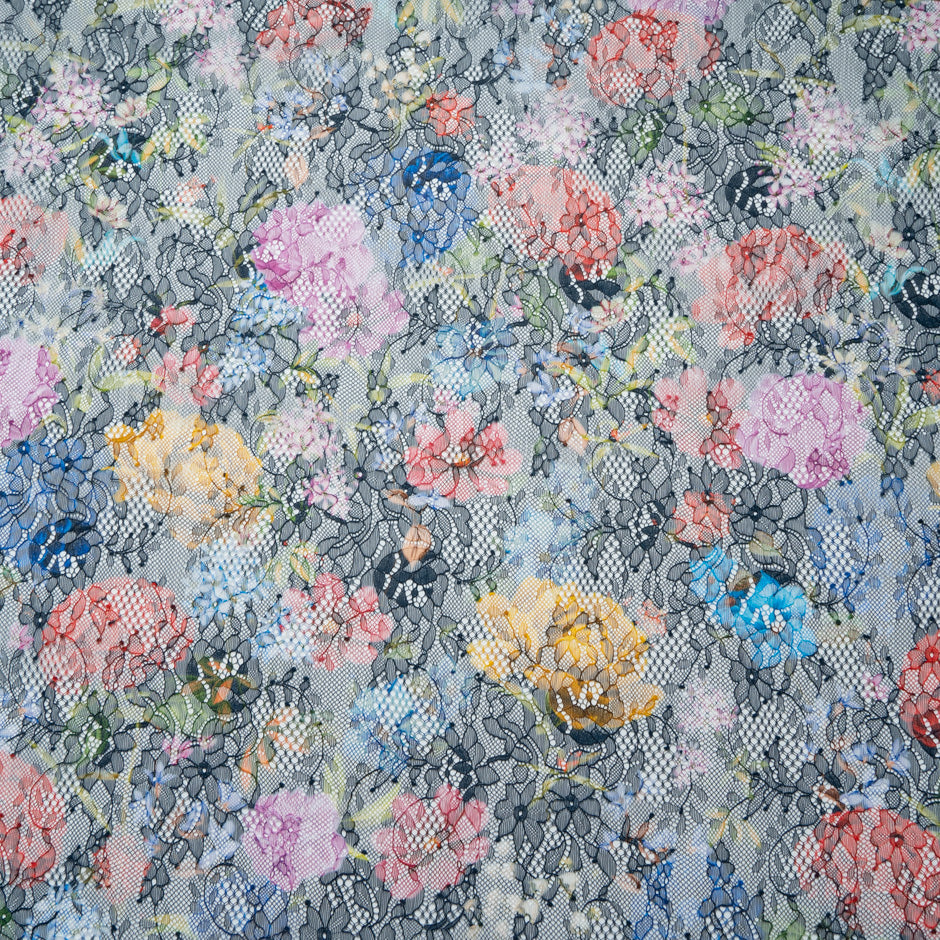 Multi-Coloured Floral Printed Black Lace