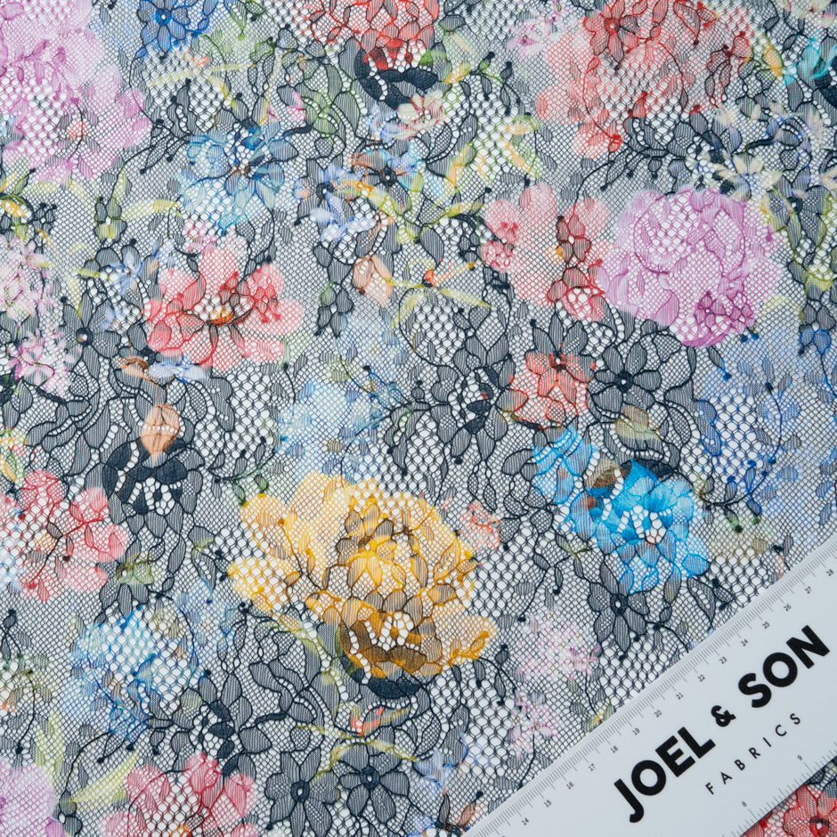 Multi-Coloured Floral Printed Black Lace