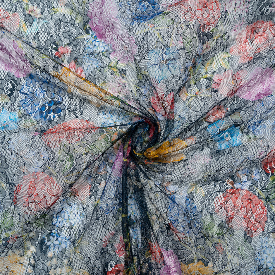 Multi-Coloured Floral Printed Black Lace