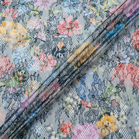 Multi-Coloured Floral Printed Black Lace