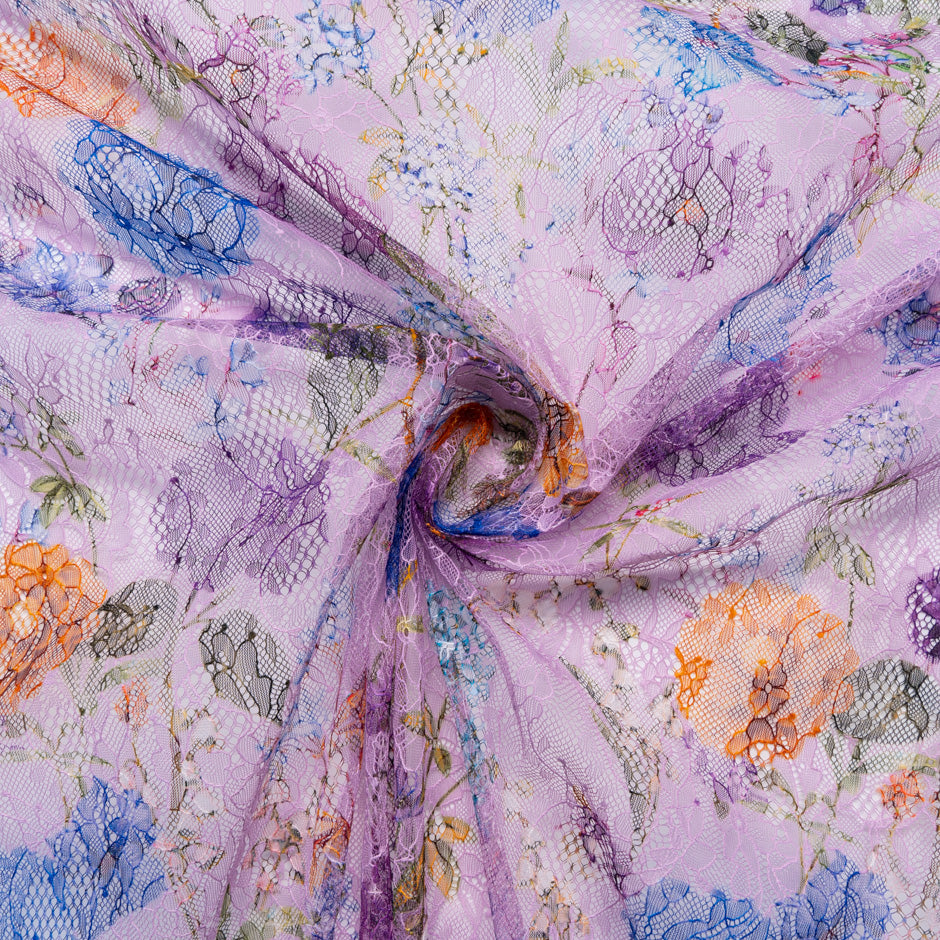 Multi-Coloured Floral Printed Lilac Lace