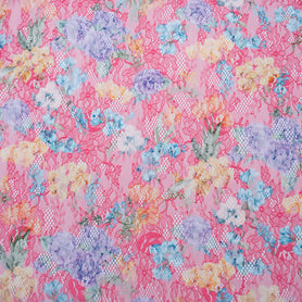 Multi-Coloured Floral Printed Pink Chantilly Lace