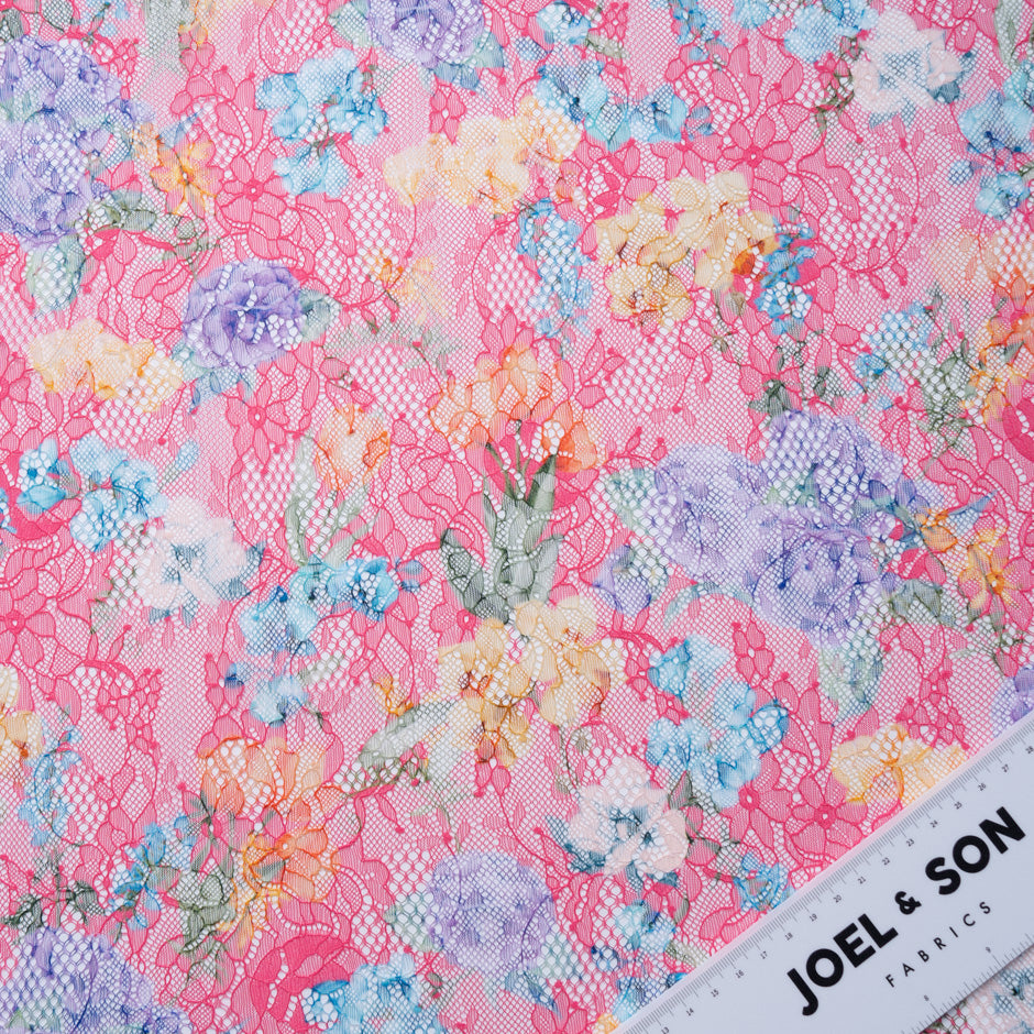 Multi-Coloured Floral Printed Pink Chantilly Lace
