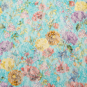 Multi-Coloured Floral Printed Turquoise Chantilly Lace