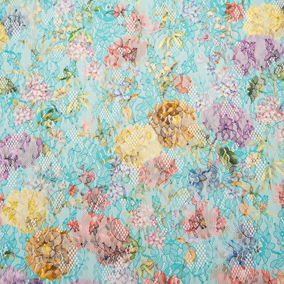 Multi-Coloured Floral Printed Turquoise Chantilly Lace