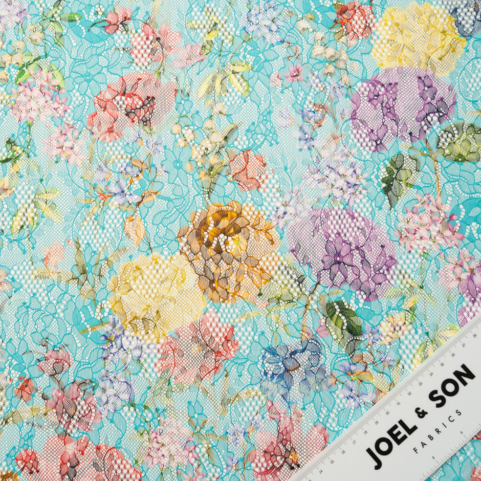 Multi-Coloured Floral Printed Turquoise Chantilly Lace