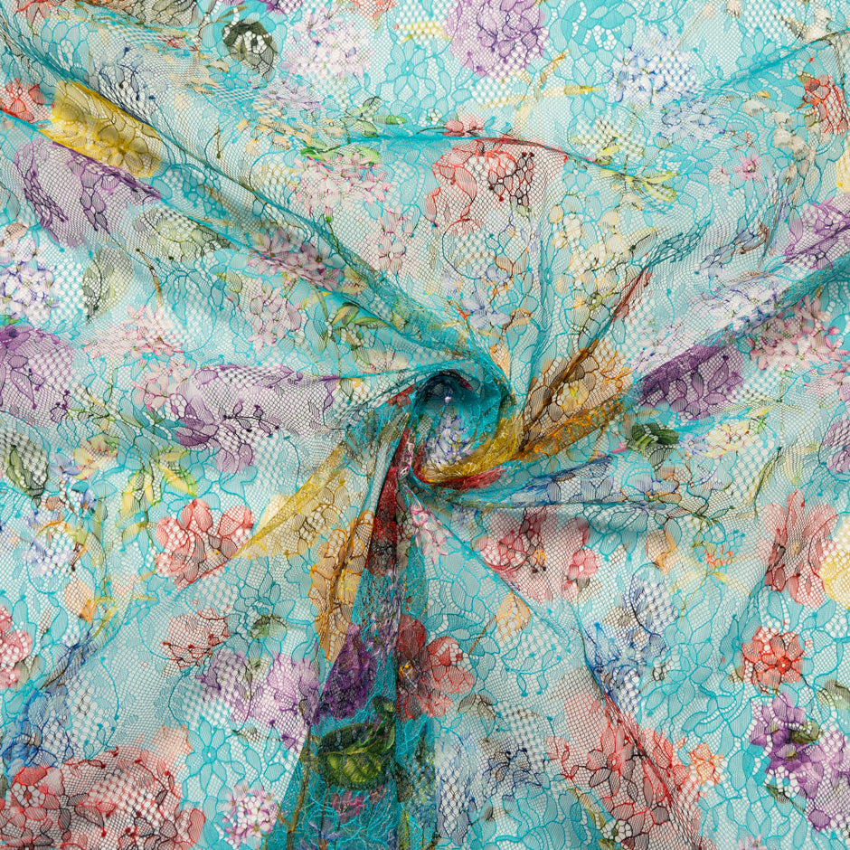 Multi-Coloured Floral Printed Turquoise Chantilly Lace