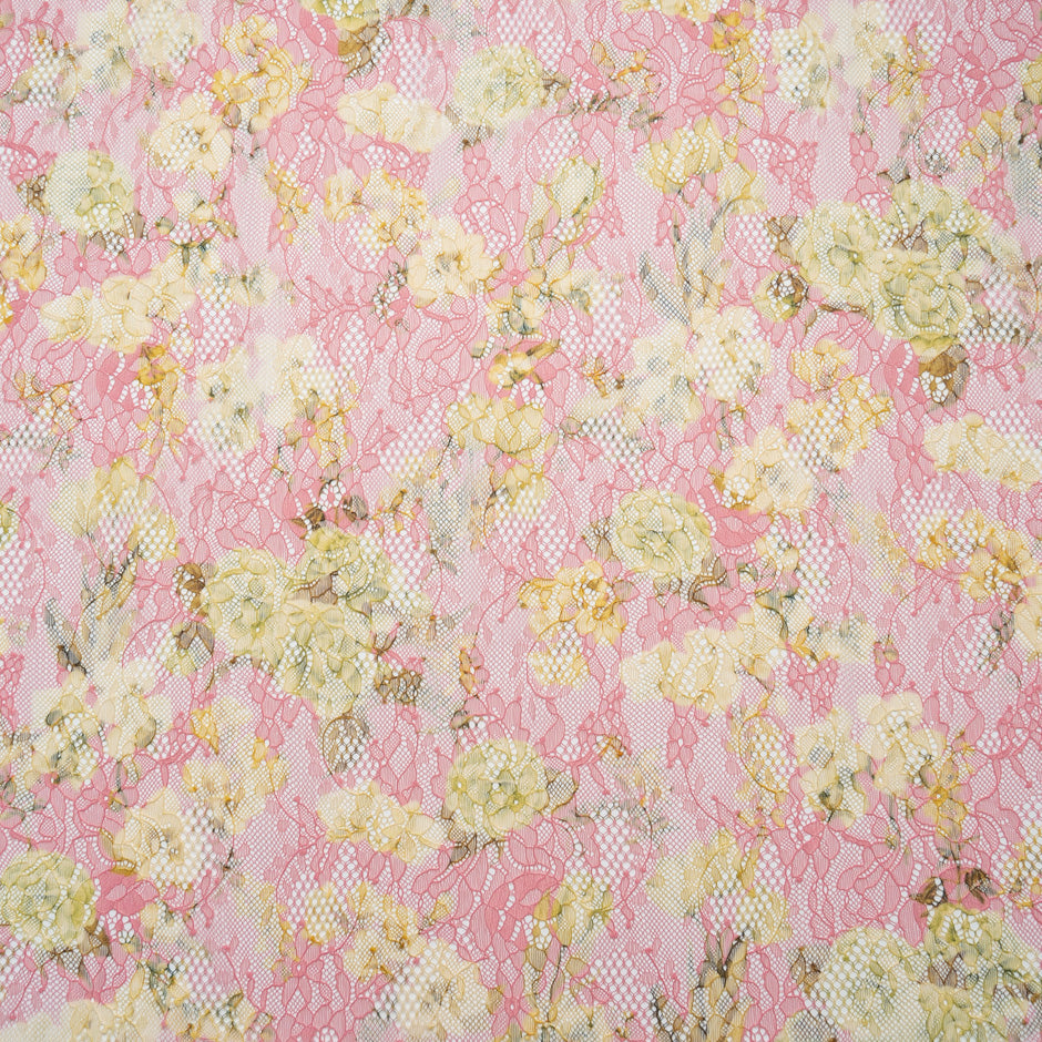 Yellow Floral Printed Pink Chantilly Lace