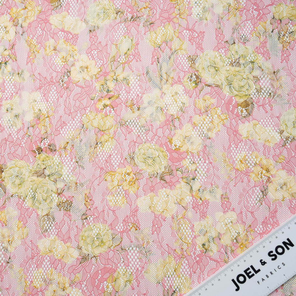 Yellow Floral Printed Pink Chantilly Lace