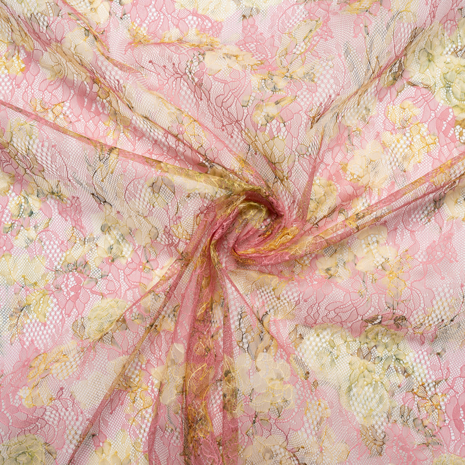 Yellow Floral Printed Pink Chantilly Lace