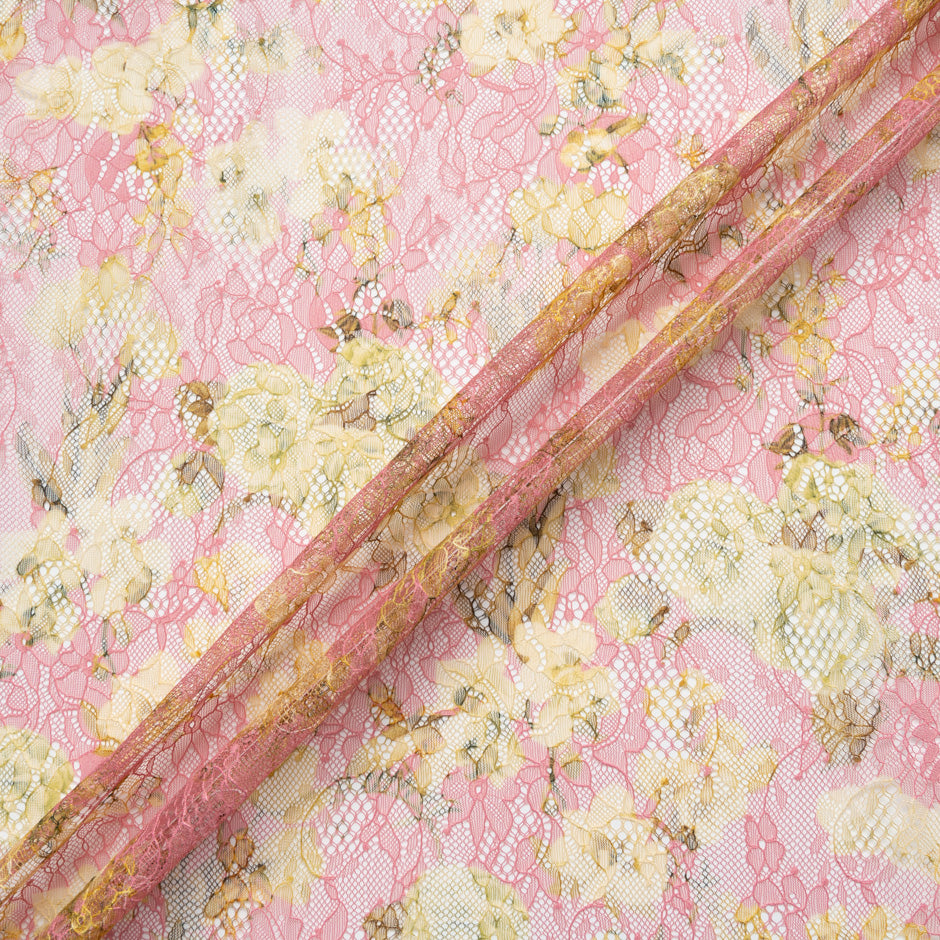 Yellow Floral Printed Pink Chantilly Lace