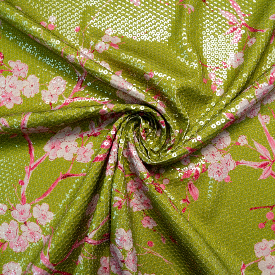 Pink Floral Printed green Sequinned Jersey