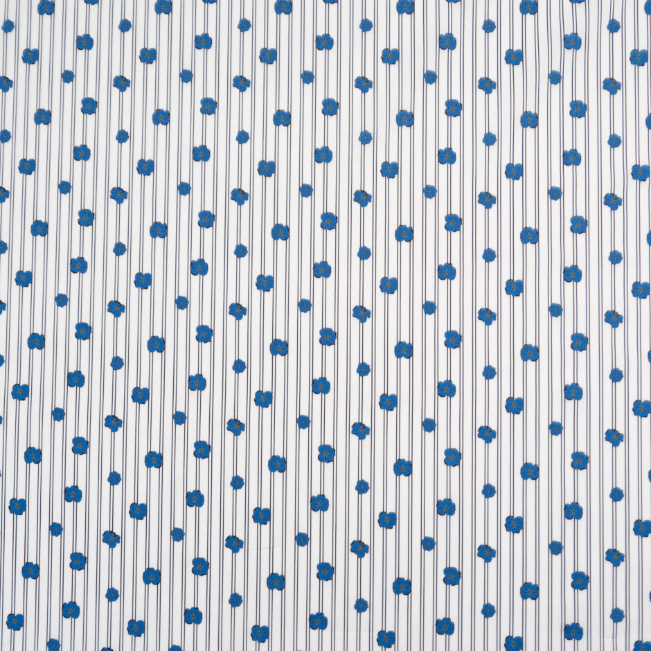 Deep Blue Floral Printed White Striped Luxury Cotton