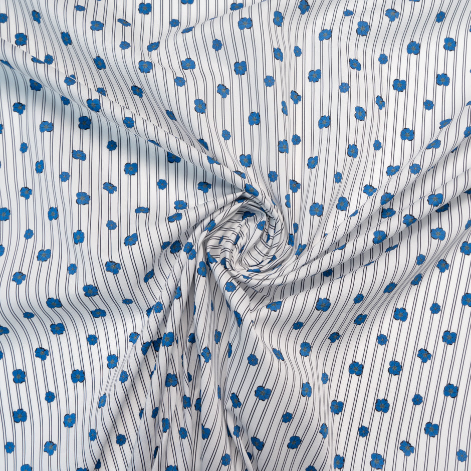 Deep Blue Floral Printed White Striped Luxury Cotton