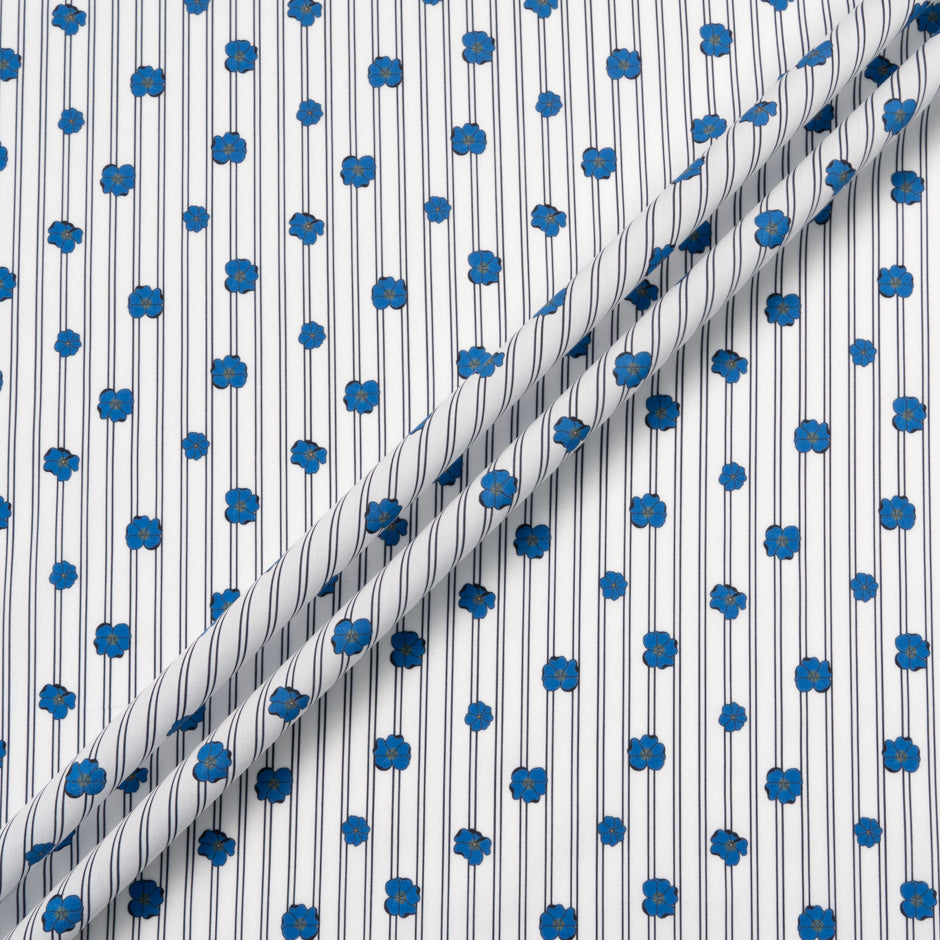 Deep Blue Floral Printed White Striped Luxury Cotton