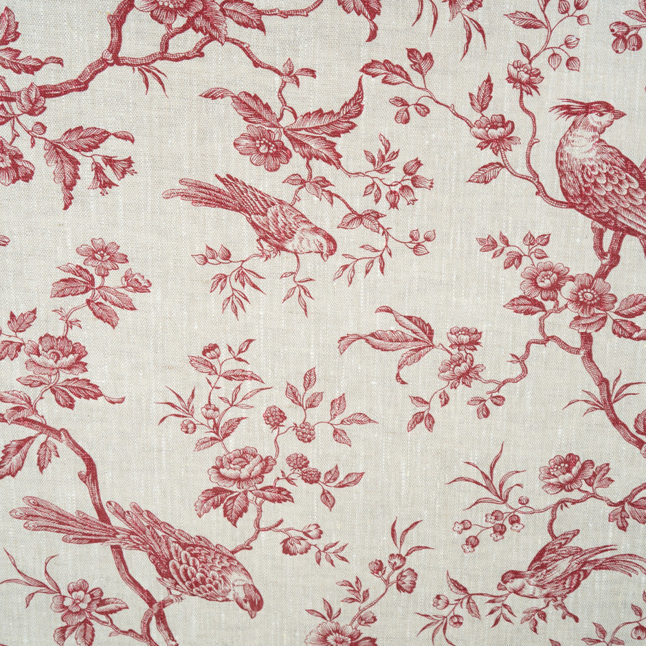 Burgundy Red Bird & Floral Printed Oatmeal Linen
