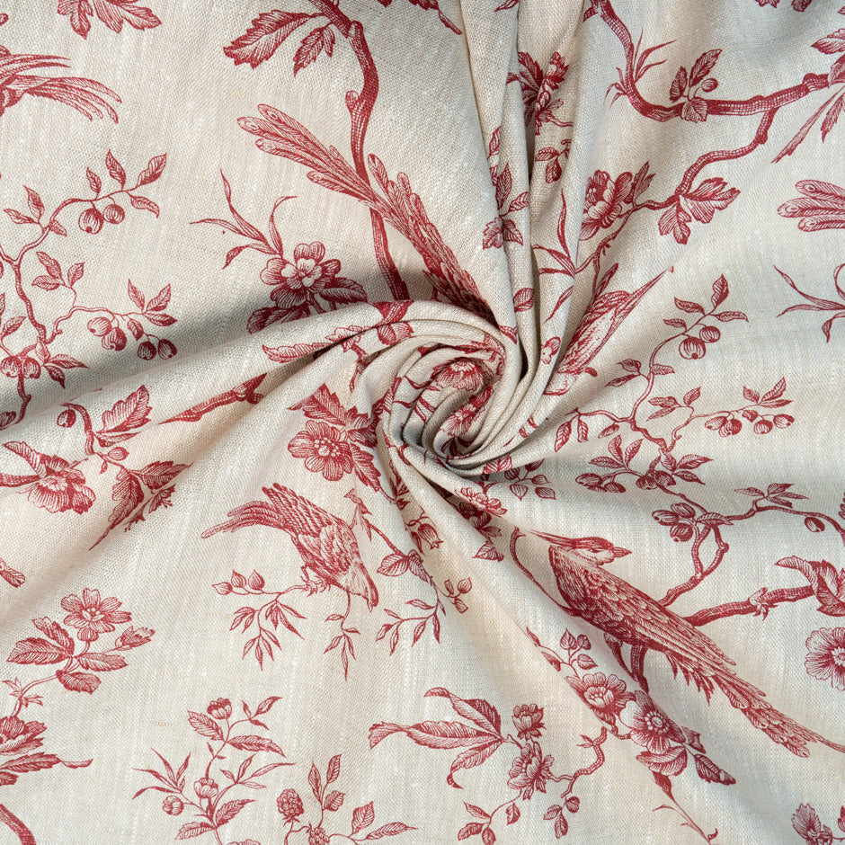 Burgundy Red Bird & Floral Printed Oatmeal Linen