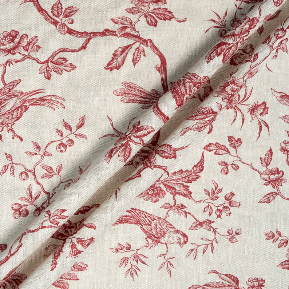 Burgundy Red Bird & Floral Printed Oatmeal Linen