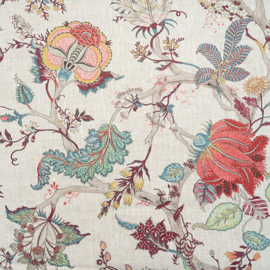 Multi-Coloured Floral Printed Oatmeal Linen